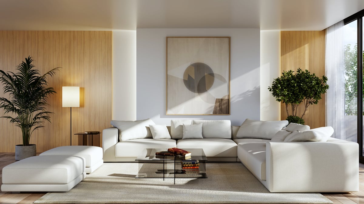 Sunlit luxury living room with freshly cleaned carpet